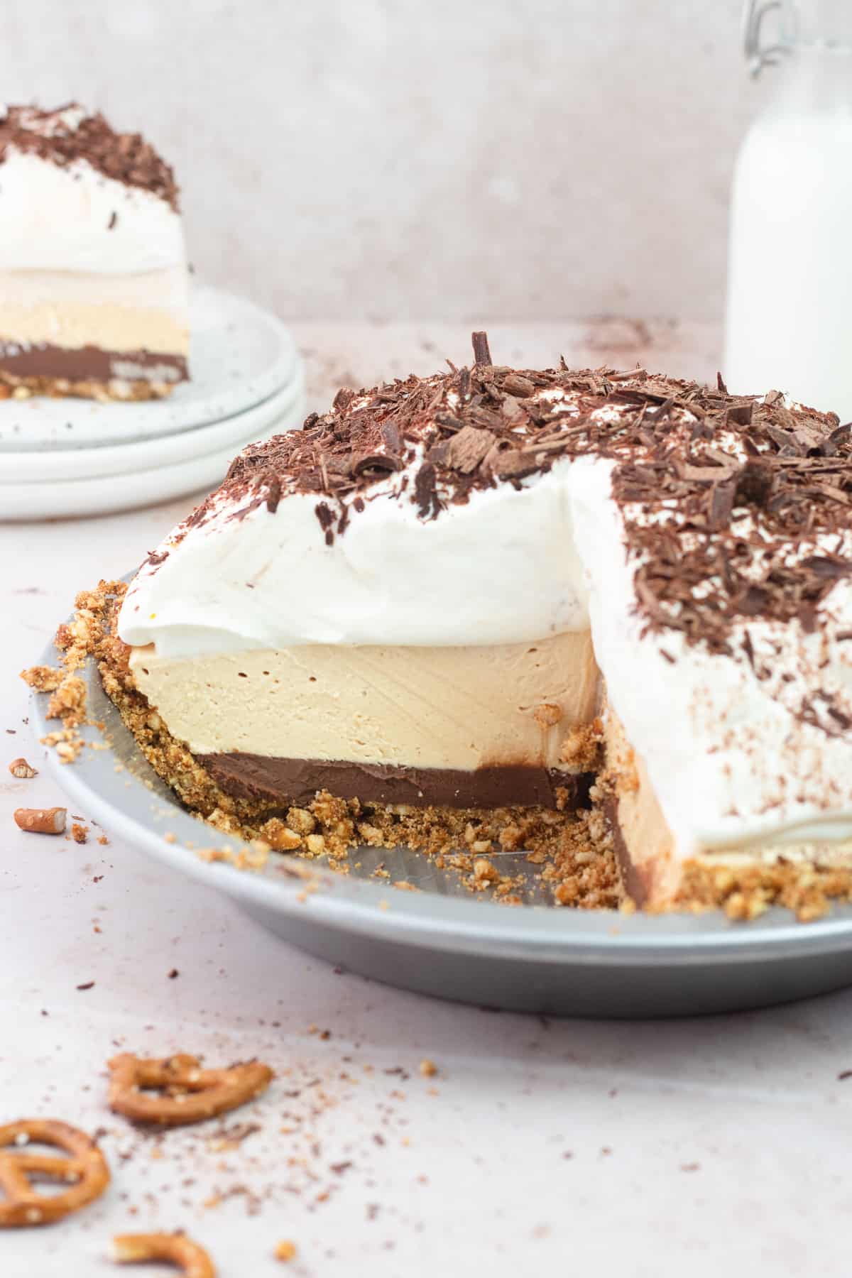 Peanut Butter Pretzel Pie with two missing slices