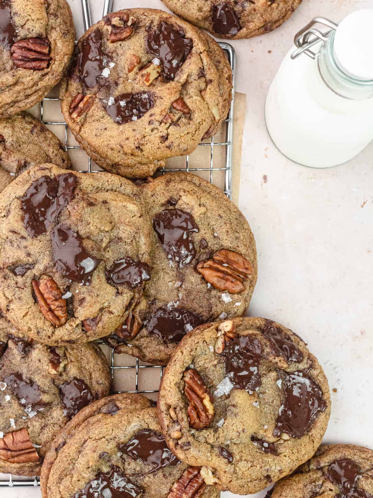 Bourbon pecan chocolate chunk cookies with milk jug