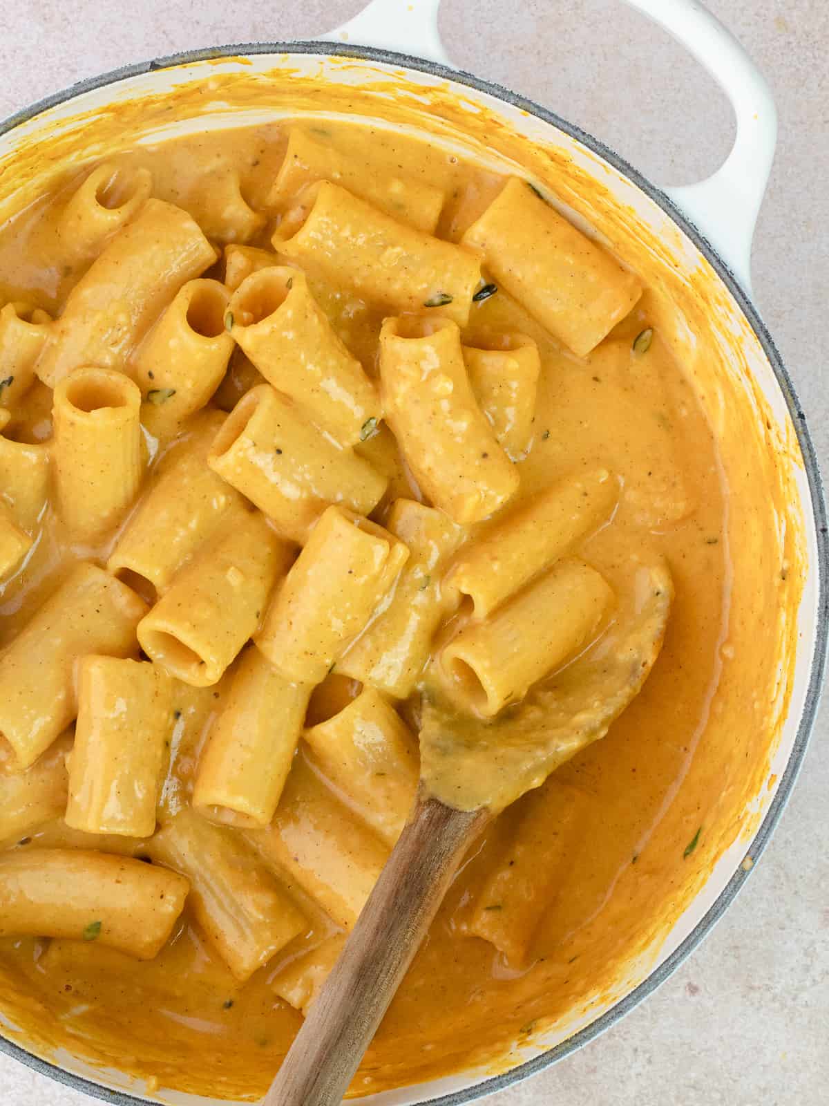 Cheesy pumpkin rigatoni in a pot