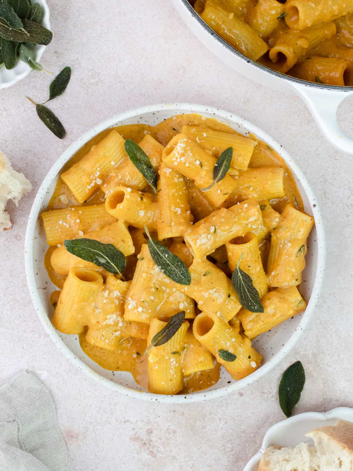 Cheesy pumpkin rigatoni with crisp sage leaves