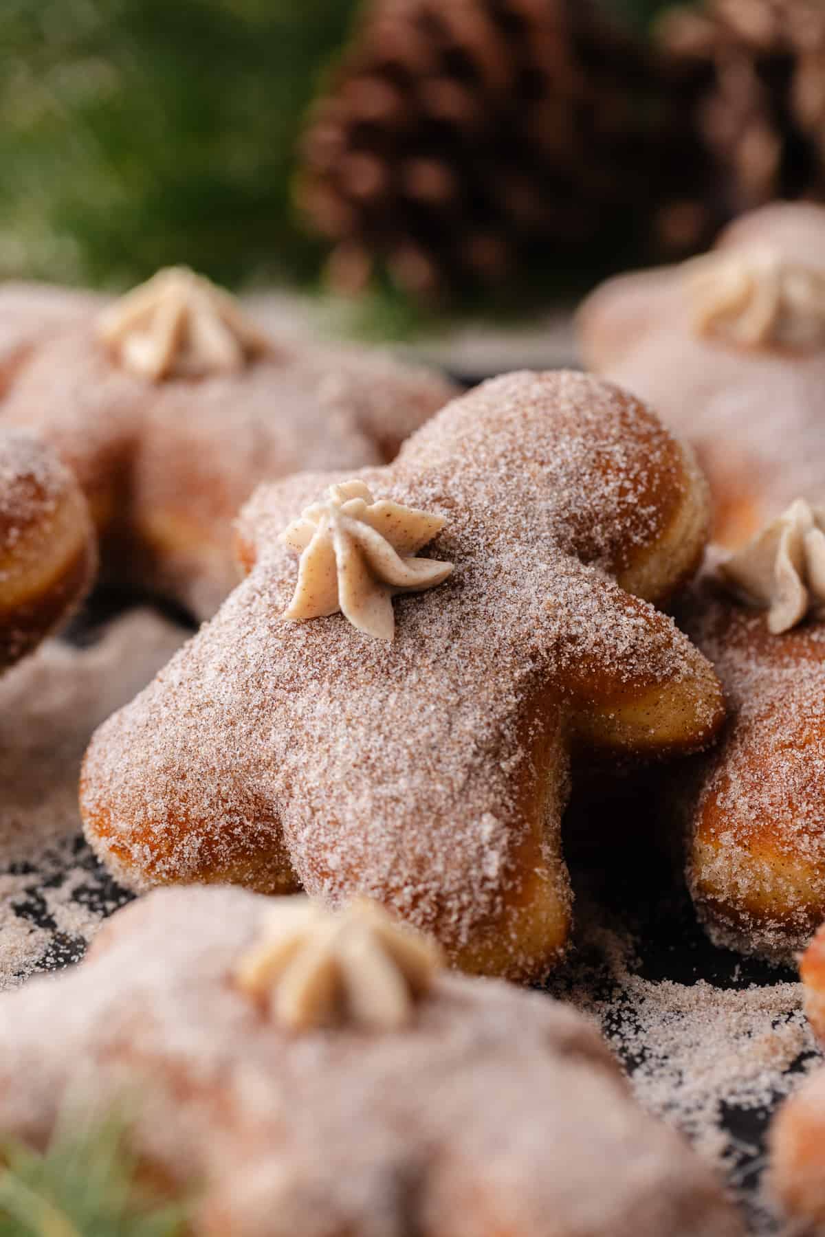 Gingerbread Cheesecake Donuts on a tray with cinnamon sugar