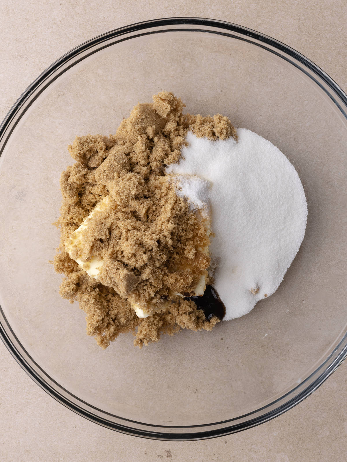 Butter, brown sugar, white sugar, vanilla and peppermint extract in a large mixing bowl