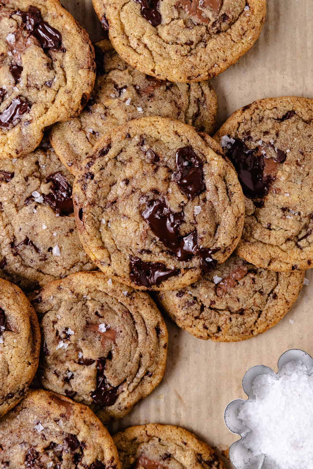 Brown butter chocolate chip cookies on a baking tray.