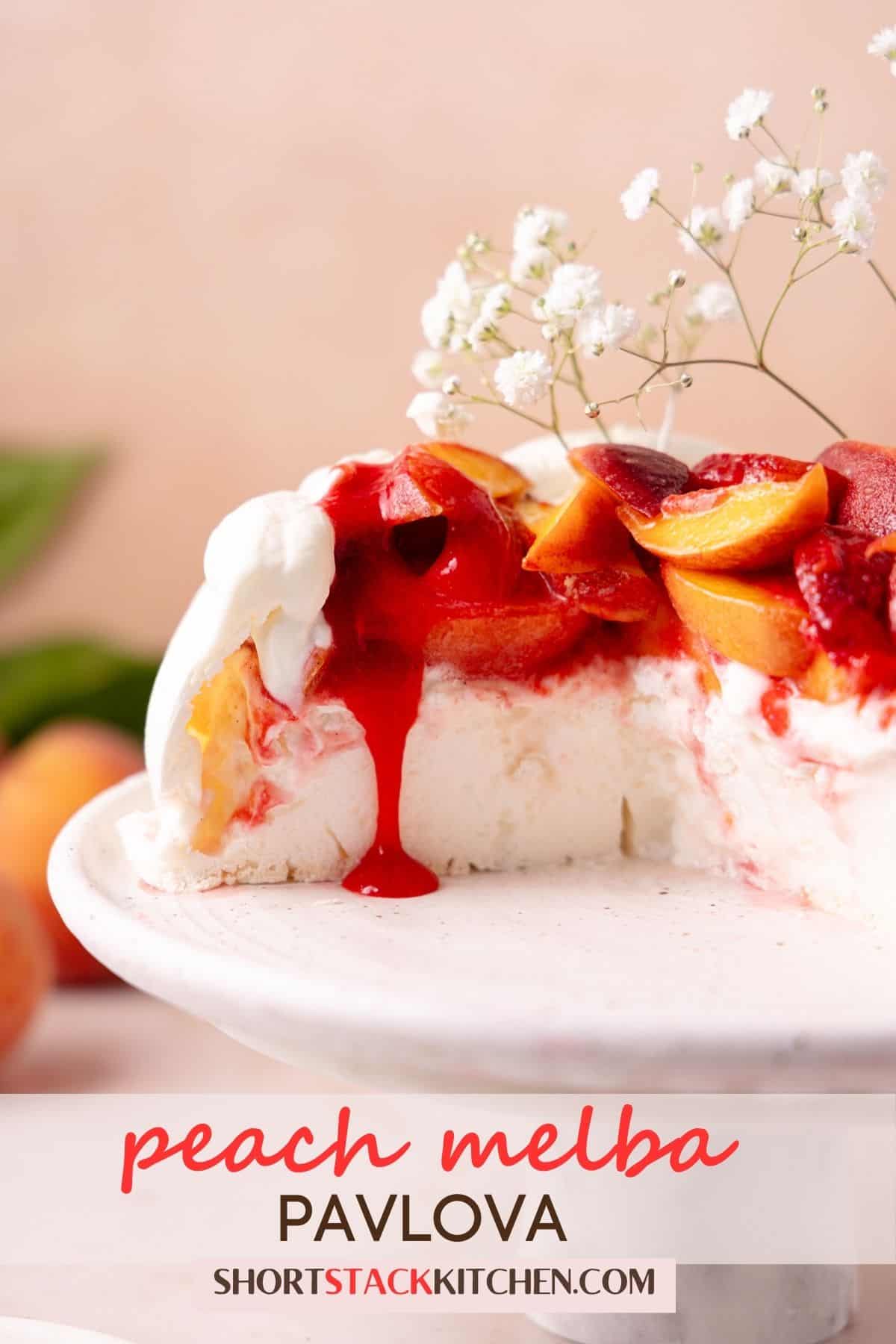 Peach melba pavlova poster for pinterest.