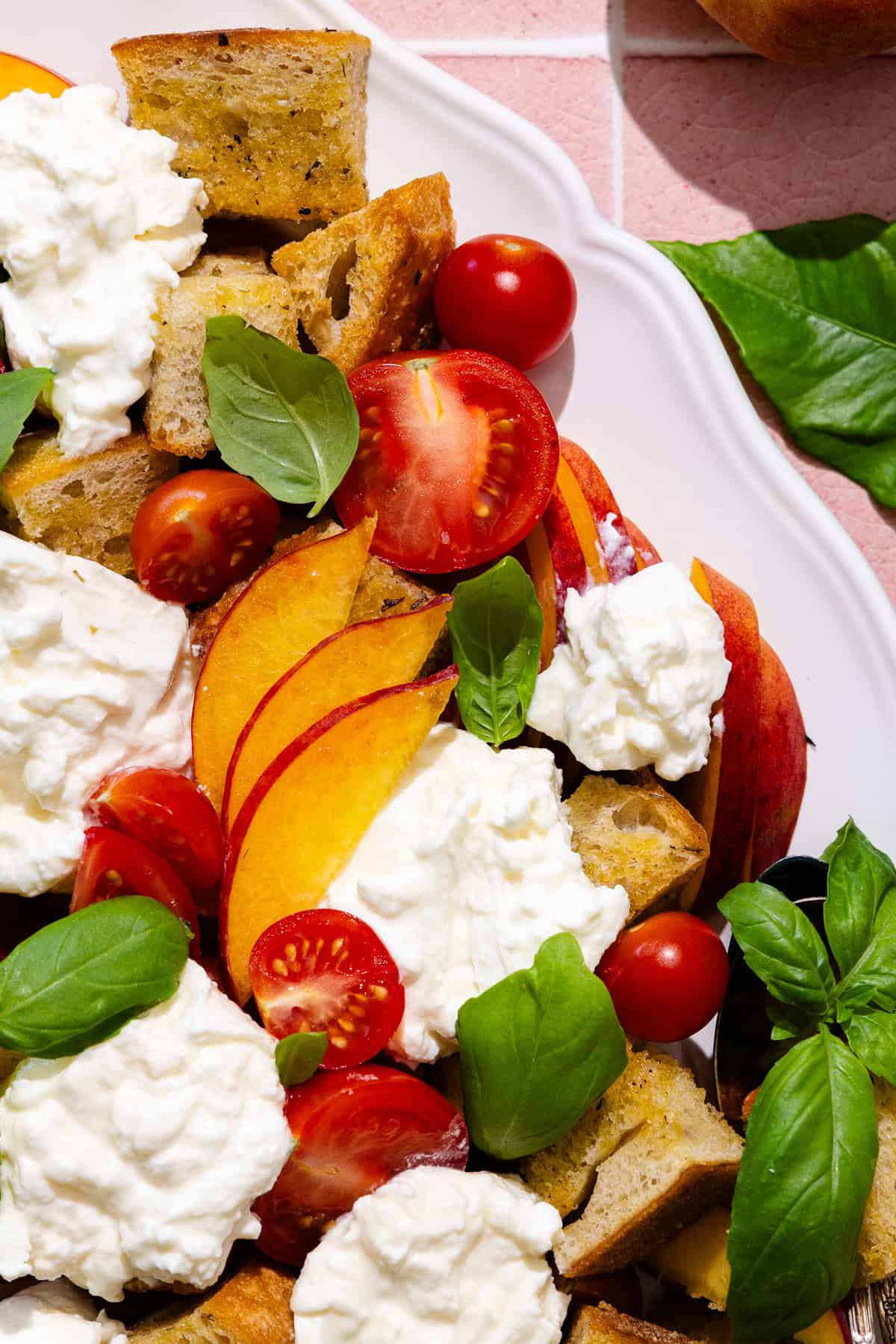 A close up of peach panzanella salad, featuring sliced peaches, cherry tomatoes, homemade croutons, fresh basil and fresh burrata cheese.