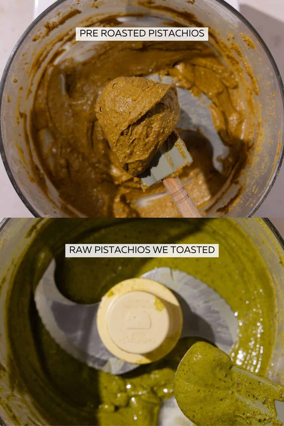 This photo shows a color comparison of the pistachio paste when made with pre roasted vs raw nuts we toasted ourselves. The color is brown with pre-roasted and bright green with raw.