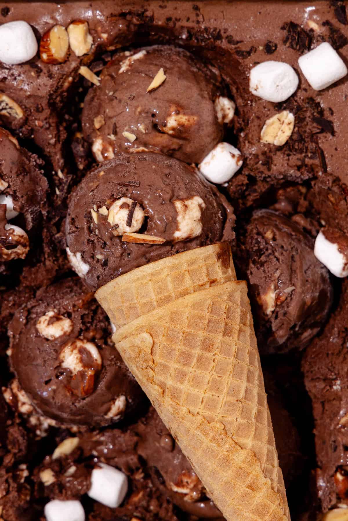 Close up rocky road ice cream.