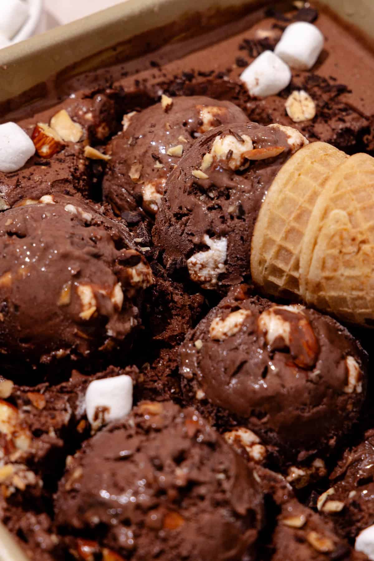 Close up rocky road ice cream.