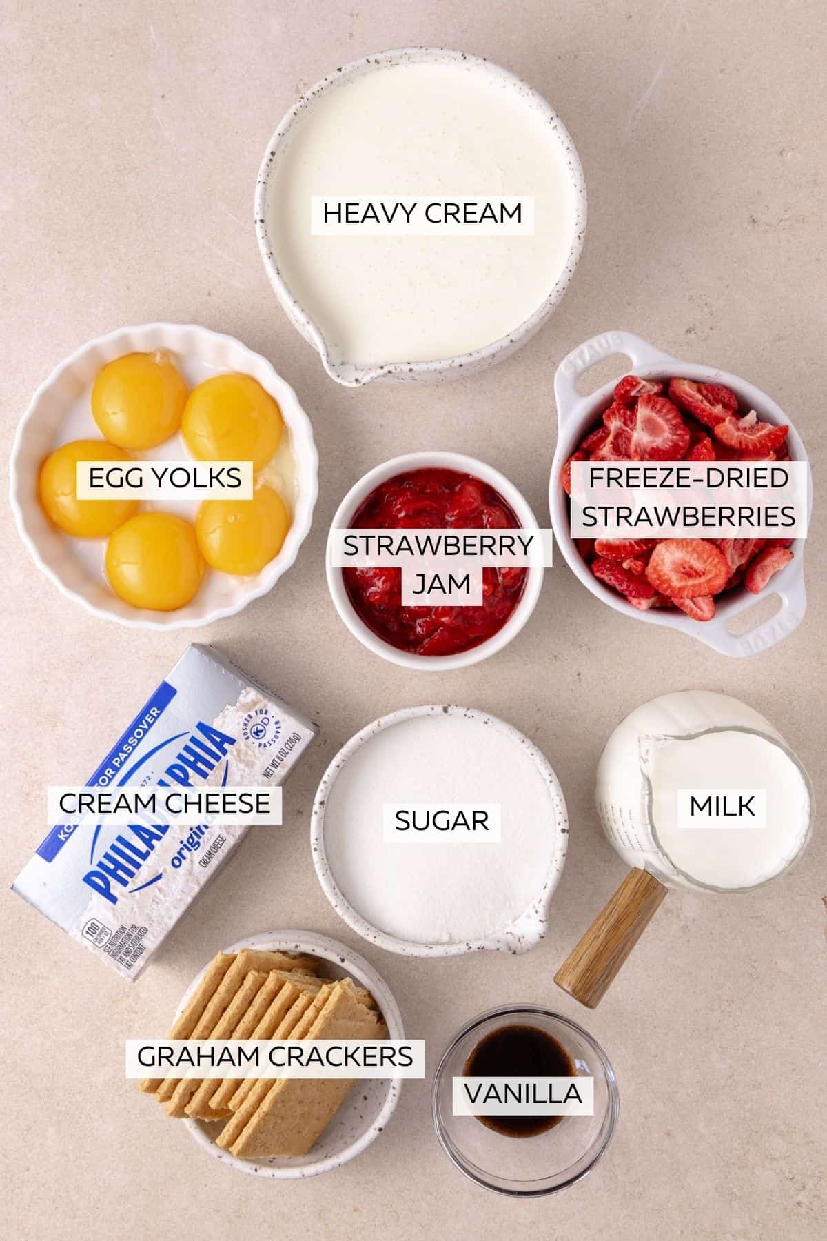 Strawberry cheesecake ice cream ingredients, which include heavy cream, milk, sugar, egg yolks, cream cheese, vanilla, strawberry jam, freeze-dried strawberries and graham crackers.