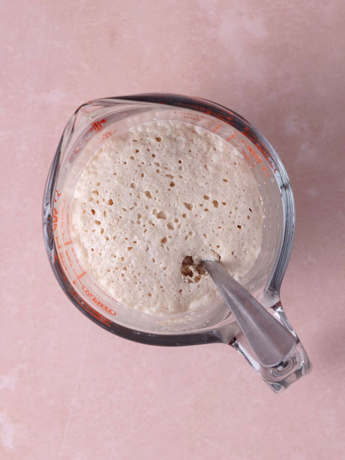 Warm milk, sugar and yeast mixture is bloomed in a measuring cup.