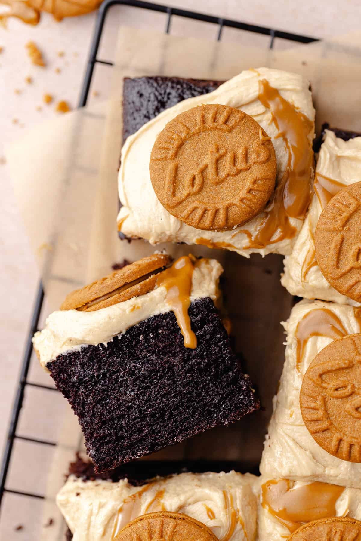 Biscoff Chocolate Cake slices on a wire rack.