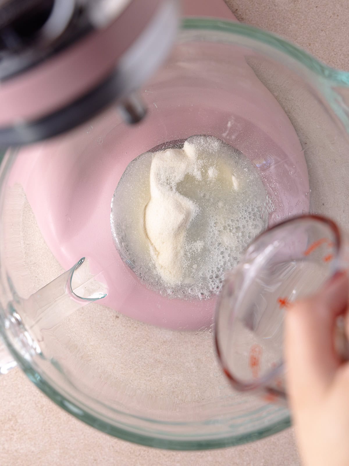 Gelatin and water is combined in a large mixing bowl.