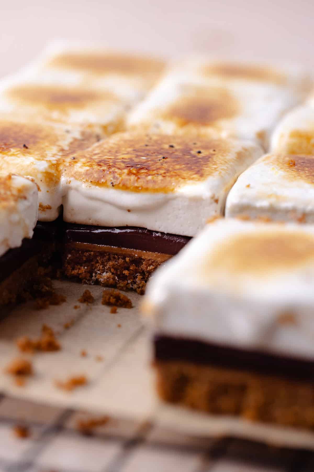 Biscoff S'mores Bars cut into squares on a wire rack.