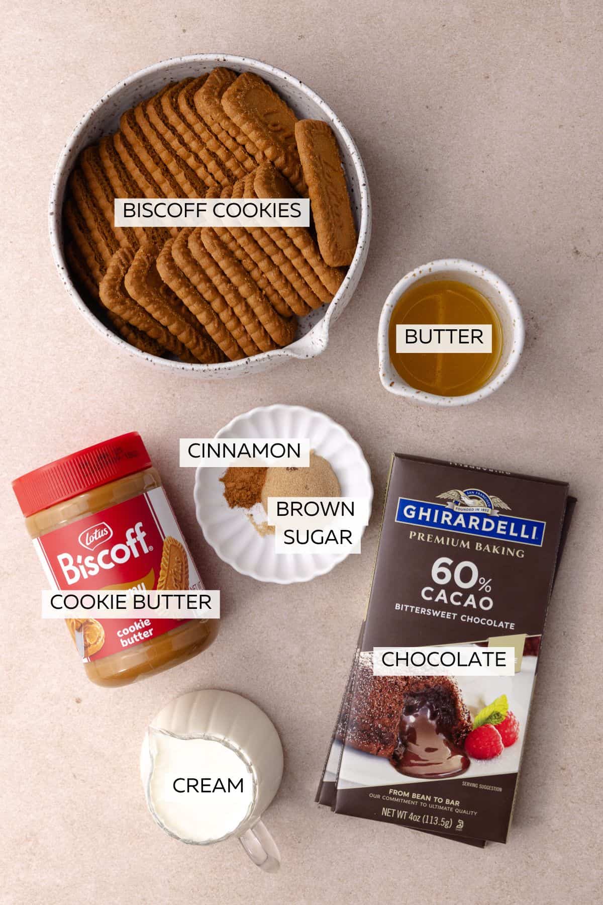 Ingredients for crust and filling which include, Biscoff cookies, butter, brown sugar, cinnamon, cookie butter, chocolate and heavy cream.