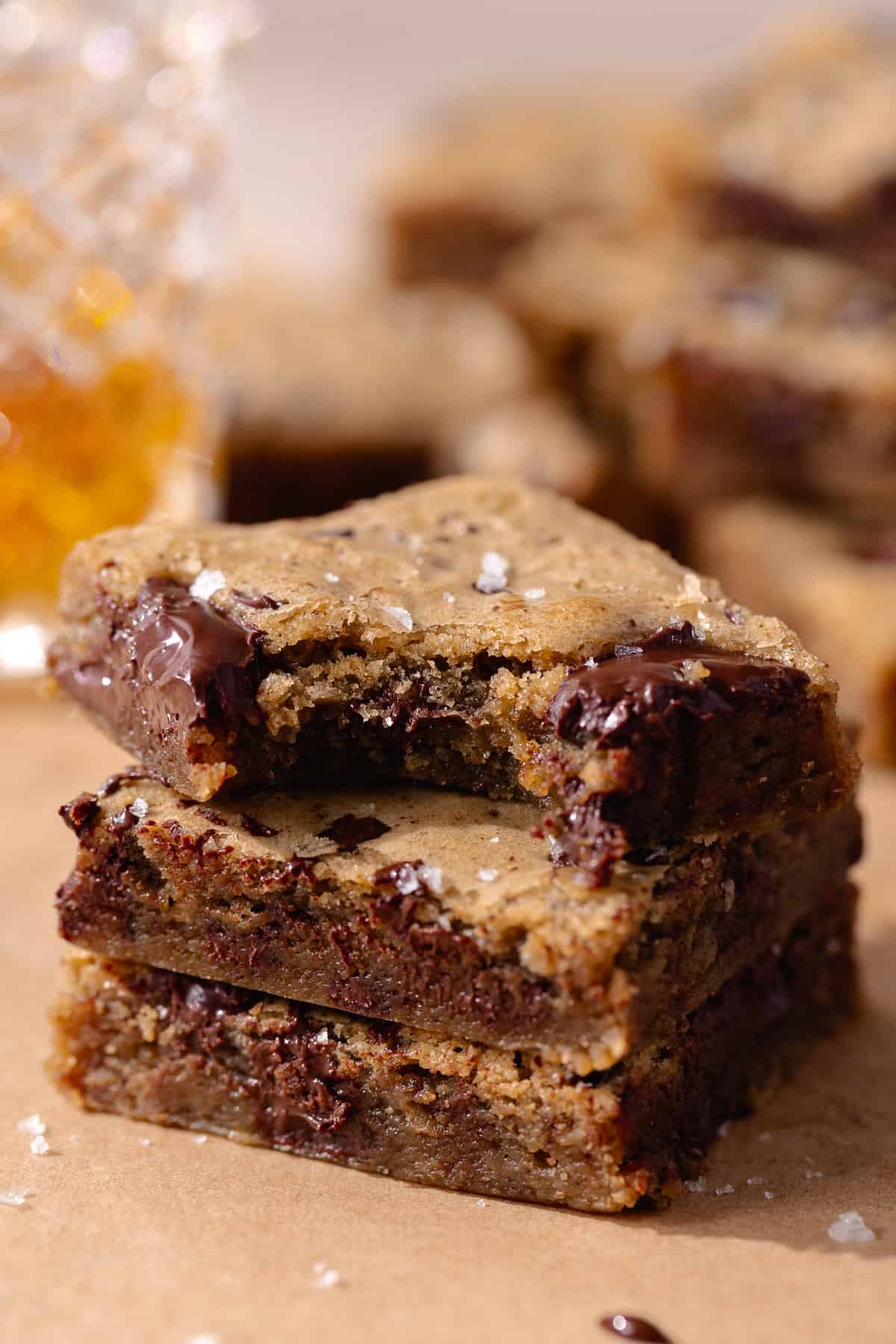 A stack of bourbon blondie squares.