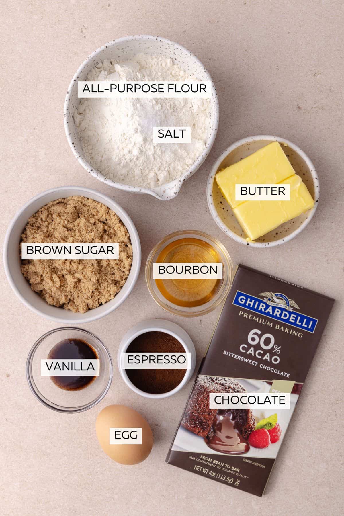 All-purpose flour, salt, espresso powder, butter, brown sugar, egg, bourbon, vanilla and chocolate.