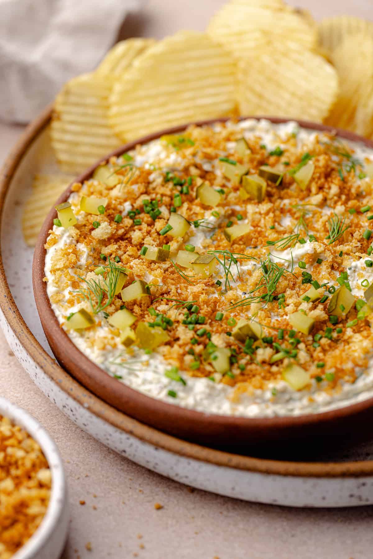 Fried pickle dip with chips.