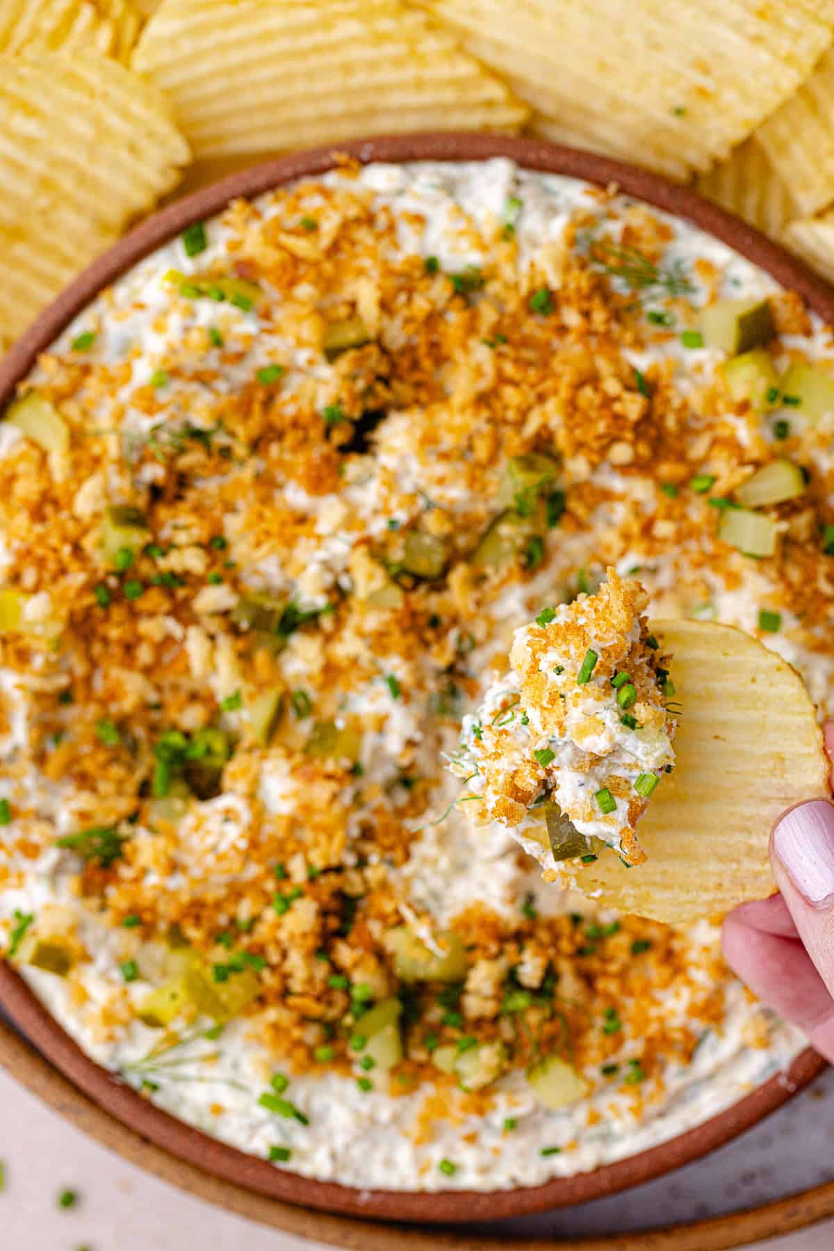 Fried pickle dip with chips.