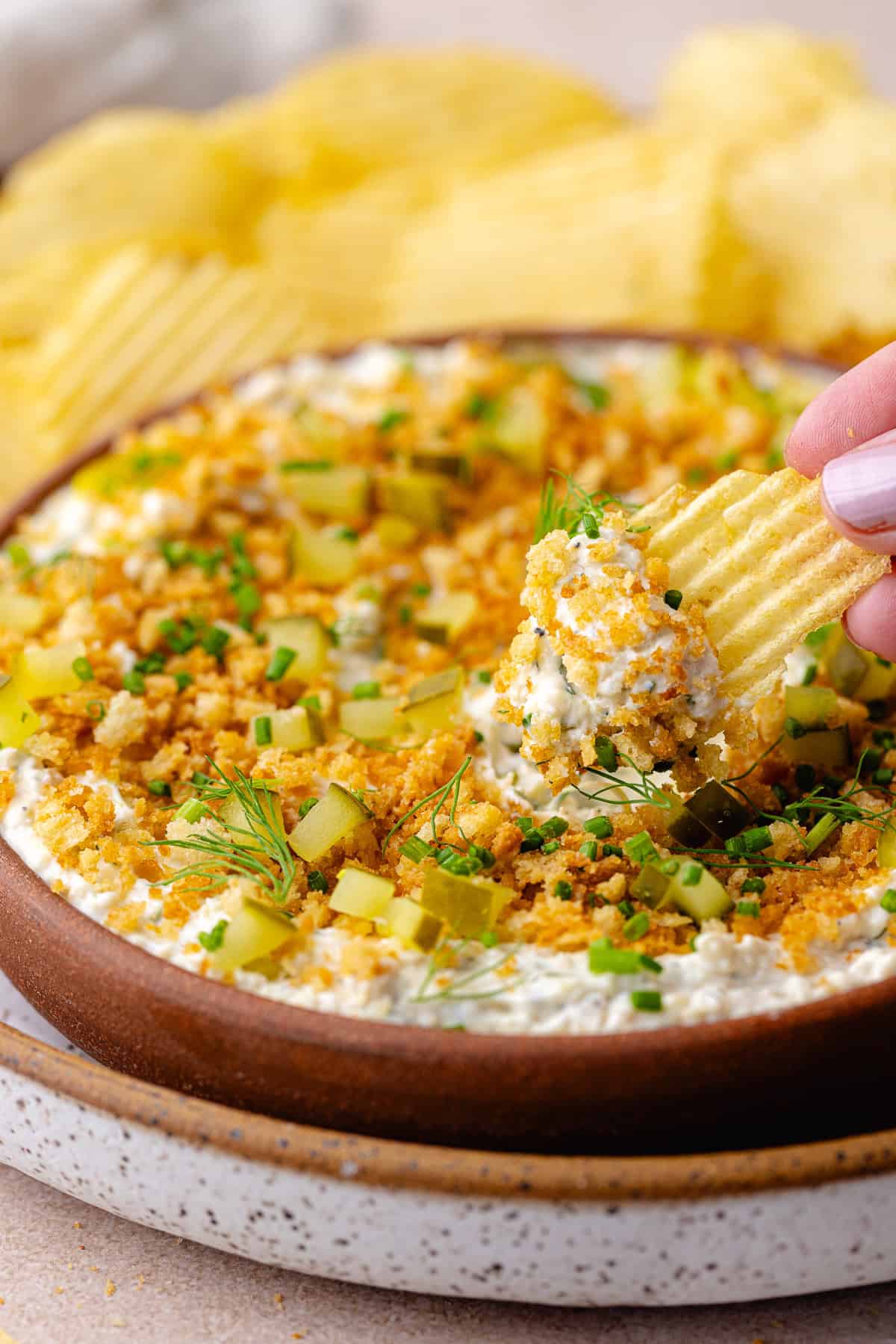 Fried pickle dip with chips.