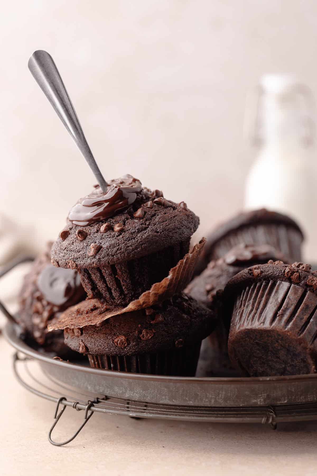 Triple chocolate muffins on serving tray.