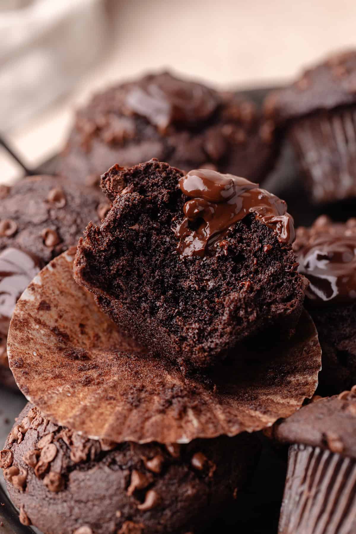 Triple chocolate muffins on serving tray.