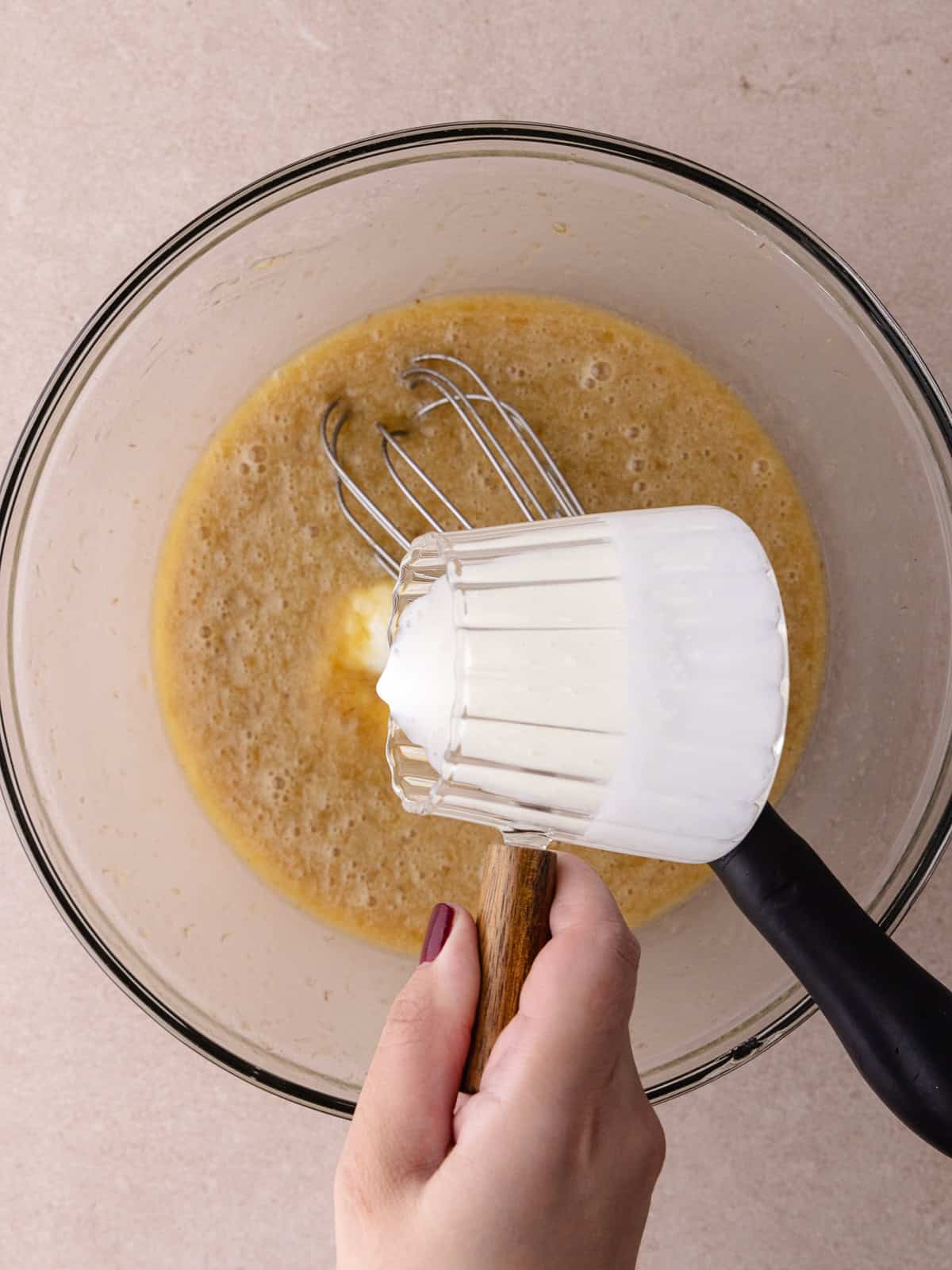 Buttermilk is added to the wet ingredients.