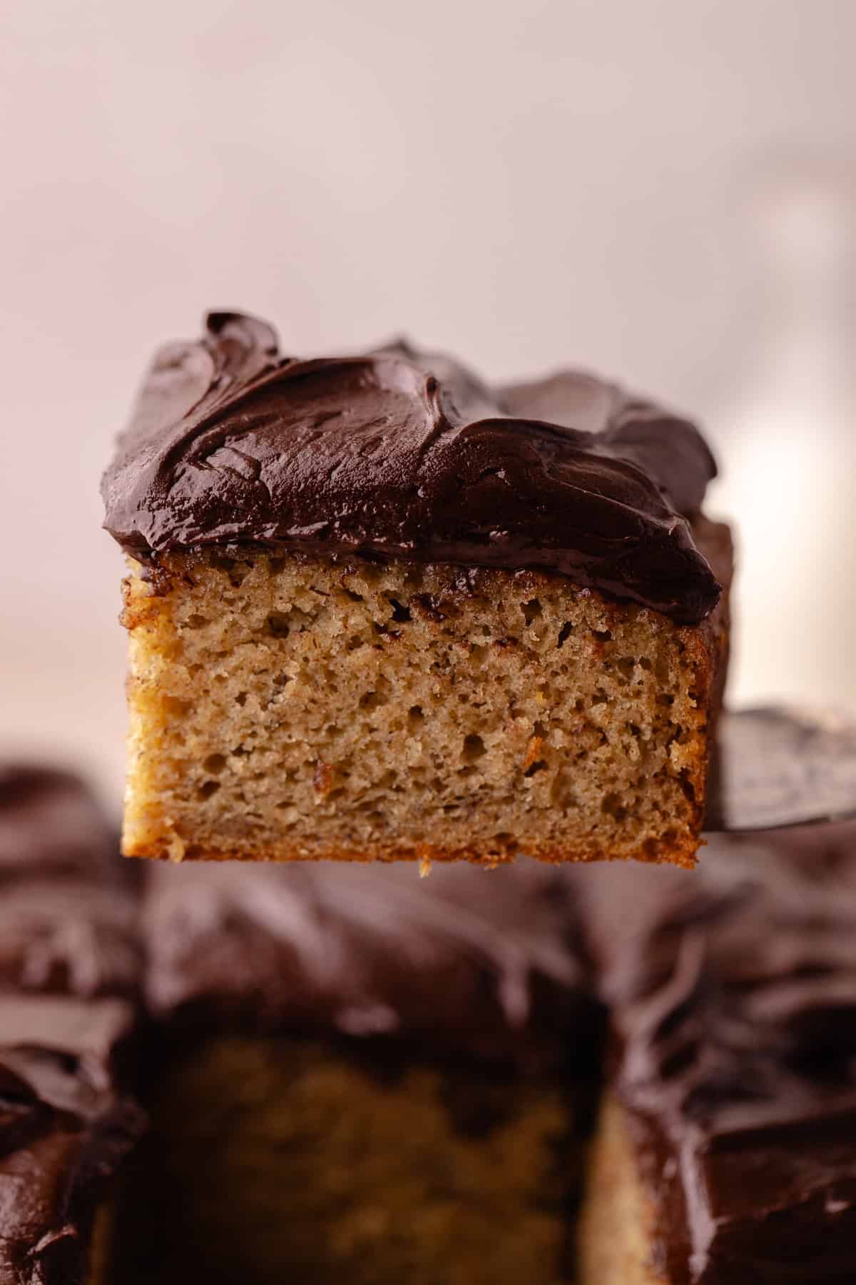 A slice of banana cake with chocolate frosting.