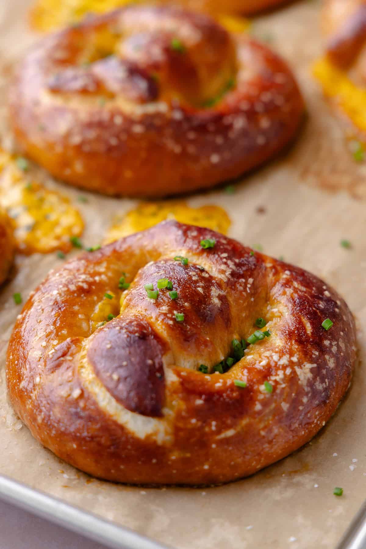 Cheddar Chive Pretzels on a cookie sheet.