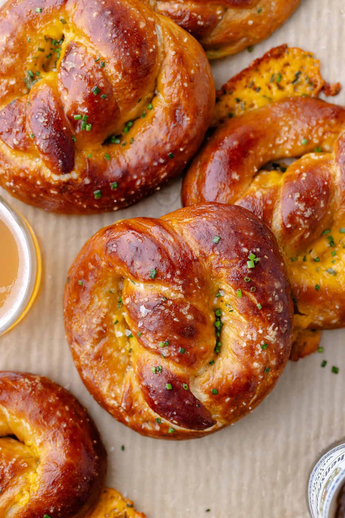 Cheddar Chive Pretzels on a cookie sheet.