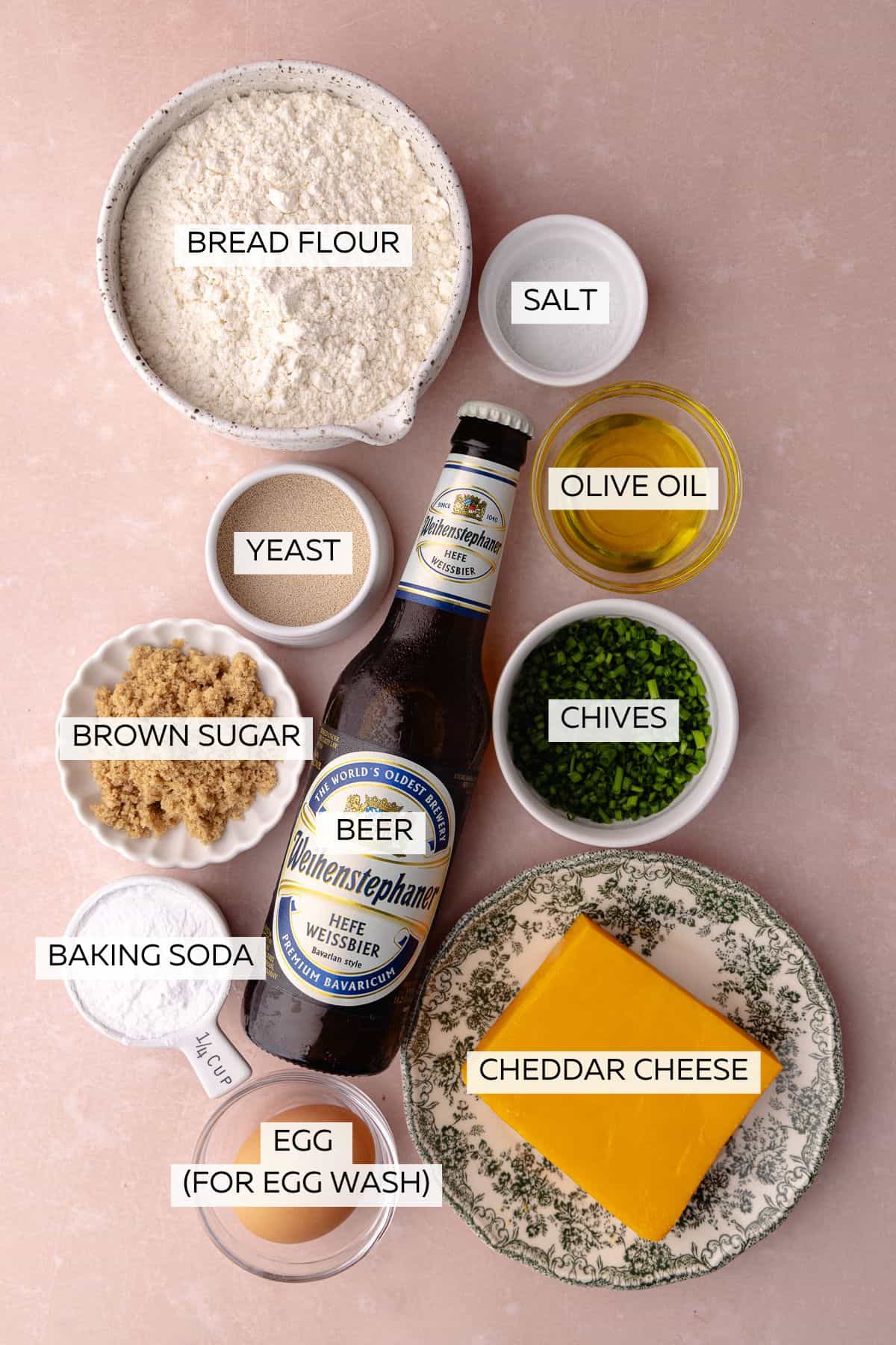 Ingredients include, bread flour, yeast, beer, olive oil, salt, brown sugar, egg, cheddar, chives and baking soda.