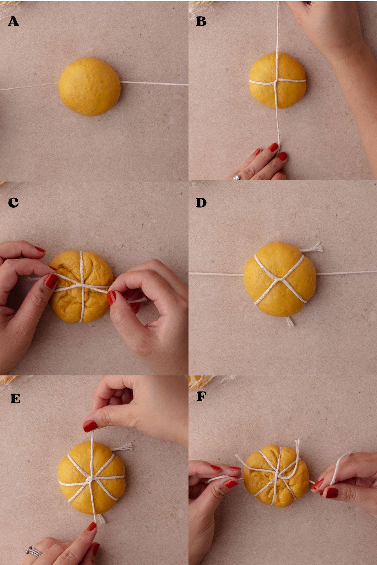 This photos contains six images showing how to shape the donuts into pumpkin shape.