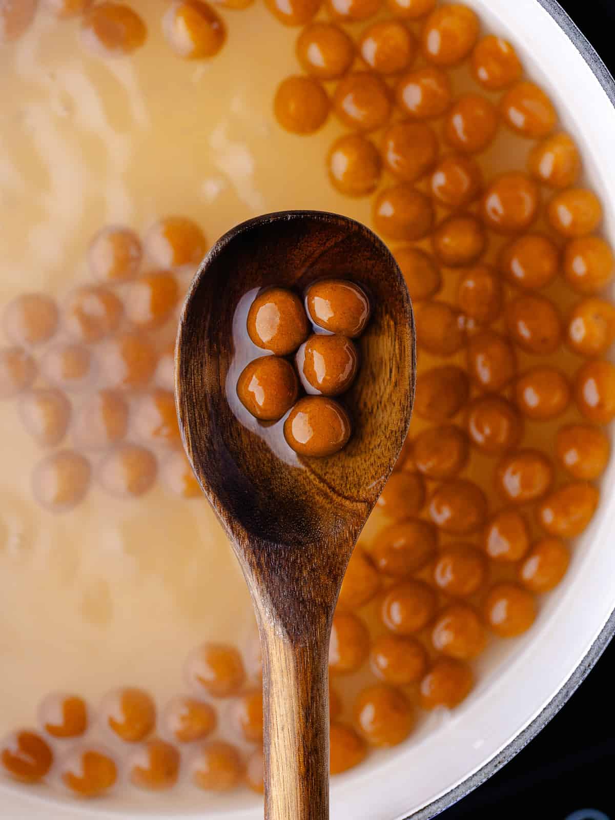 Boba Pearls are boiled in a pot.