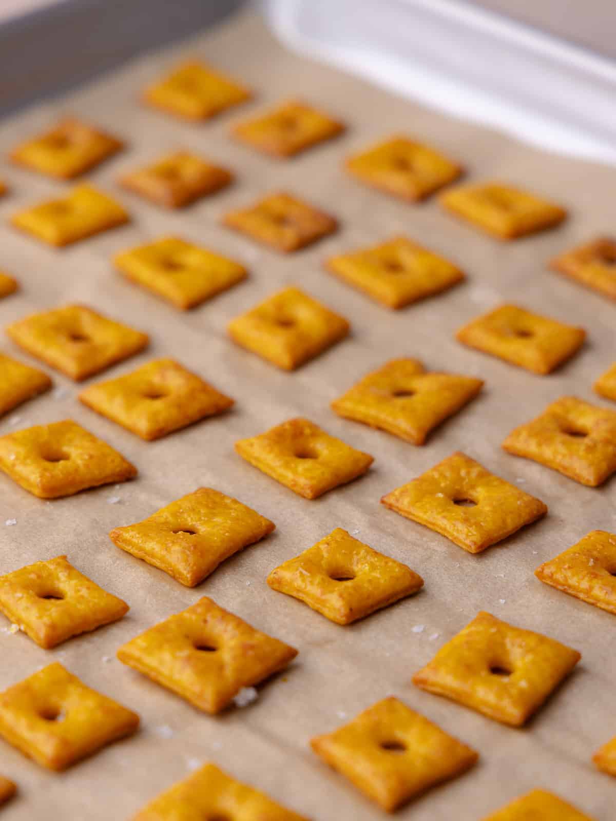 The pumpkin cheddar crackers are baked on a parchment paper lined baking sheet and are golden brown.