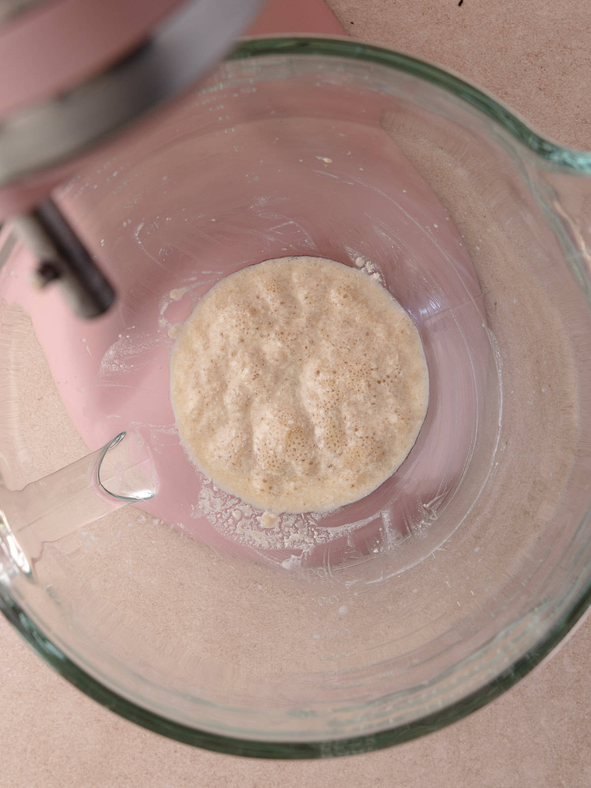 Bloomed yeast which includes, warm buttermilk, dry active yeast and a tiny bit of brown sugar sits in the bowl of a stand mixer.