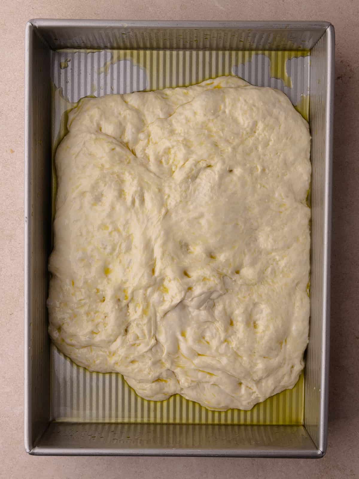 The cold dough is in a large baking tray coated with olive oil.