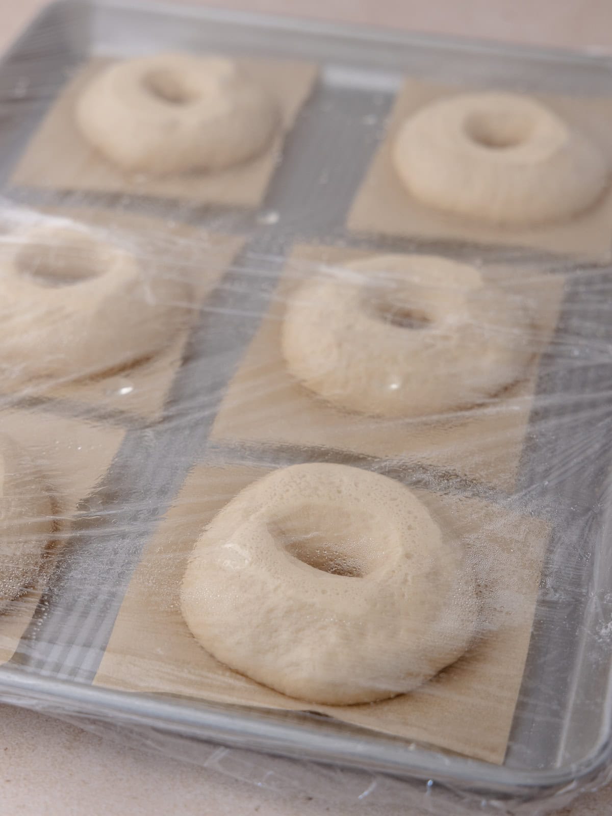 Bagels sitting on a baking tray is removed from the fridge.