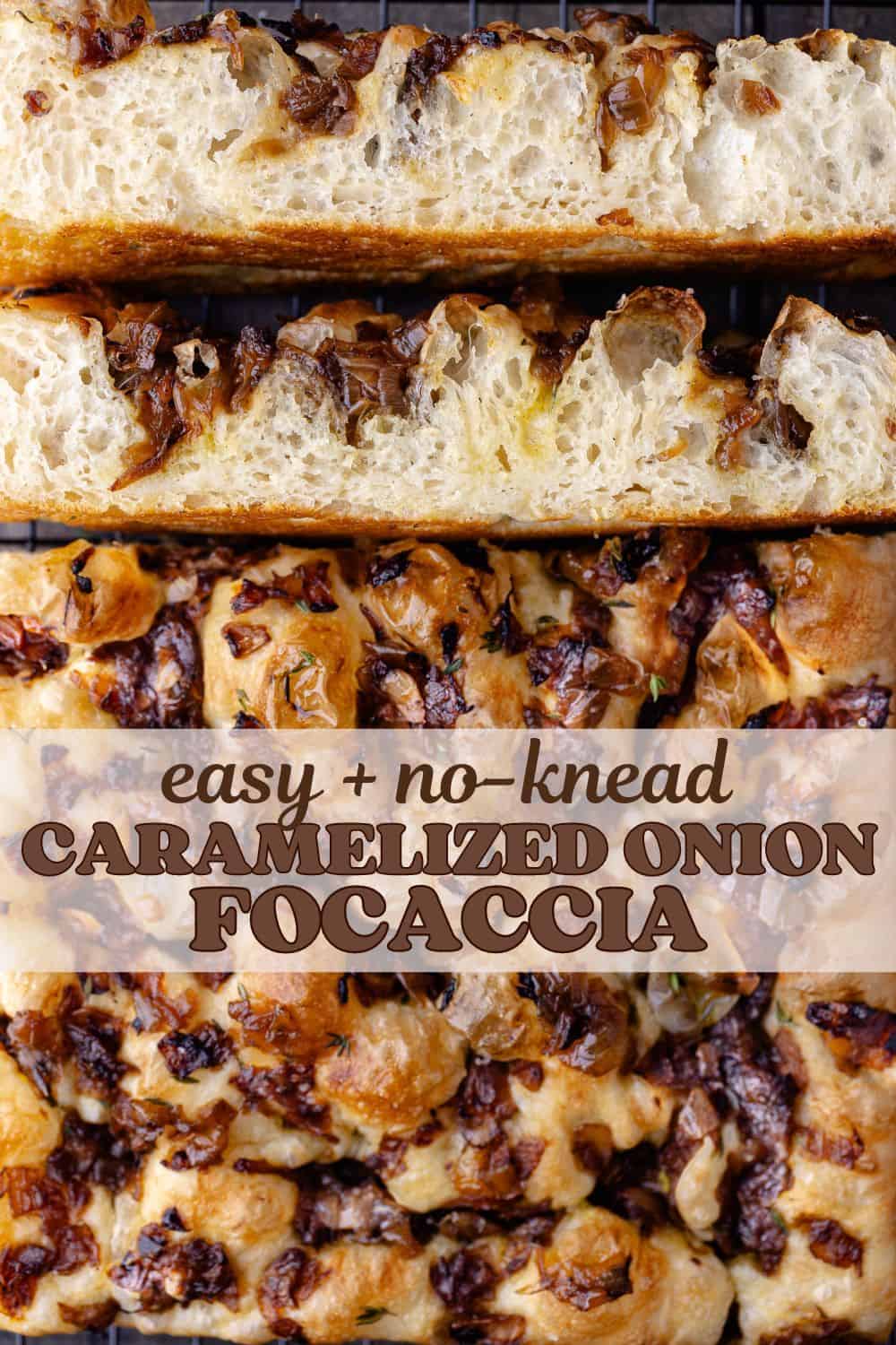 Overnight caramelized onion focaccia pinterest poster.