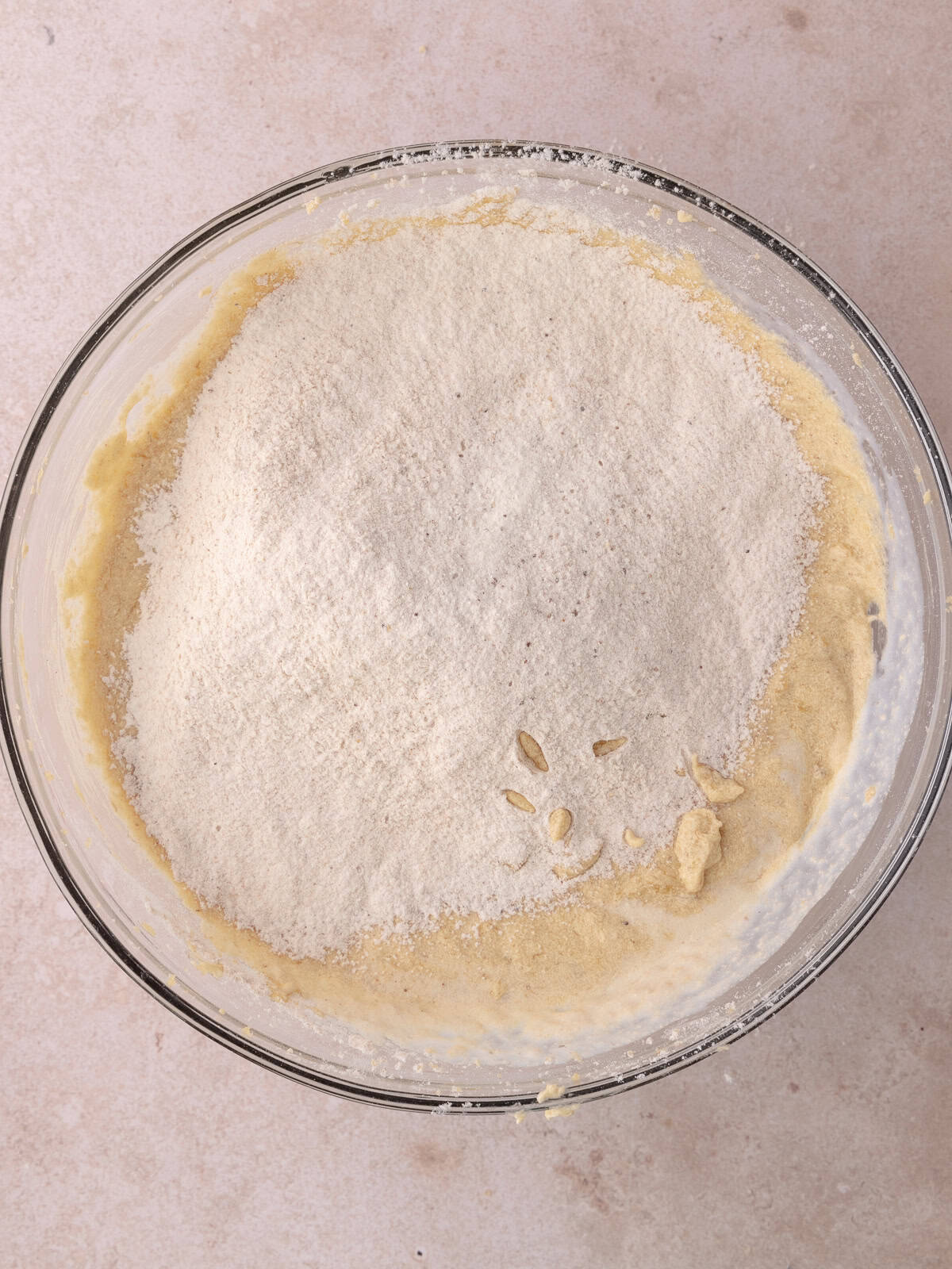 The remainder of the dry ingredients are added to the batter.