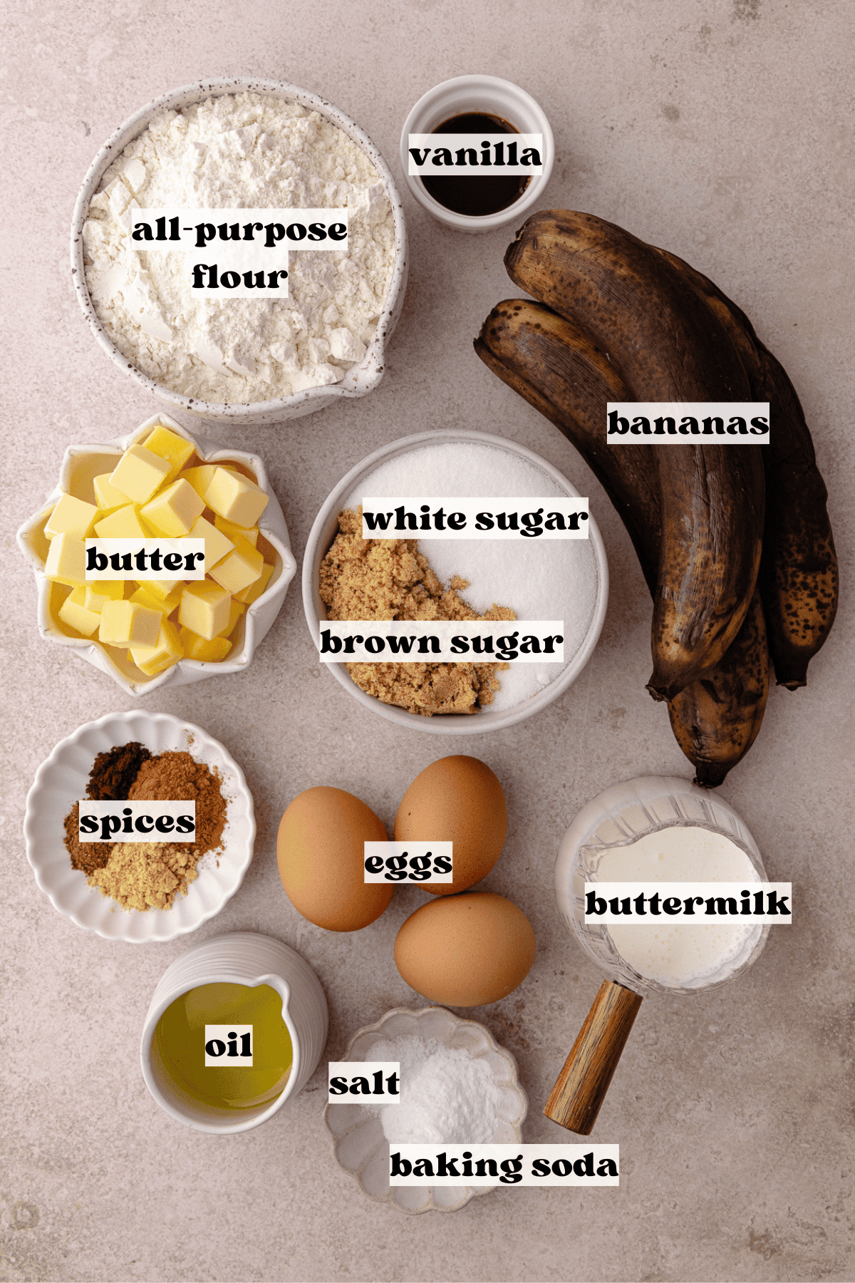 Spiced Banana cake ingredients which include, flour, baking soda, cinnamon, ginger, clove, nutmeg, salt, butter, oil, eggs, brown sugar, white sugar, buttermilk, bananas, vanilla and oil.