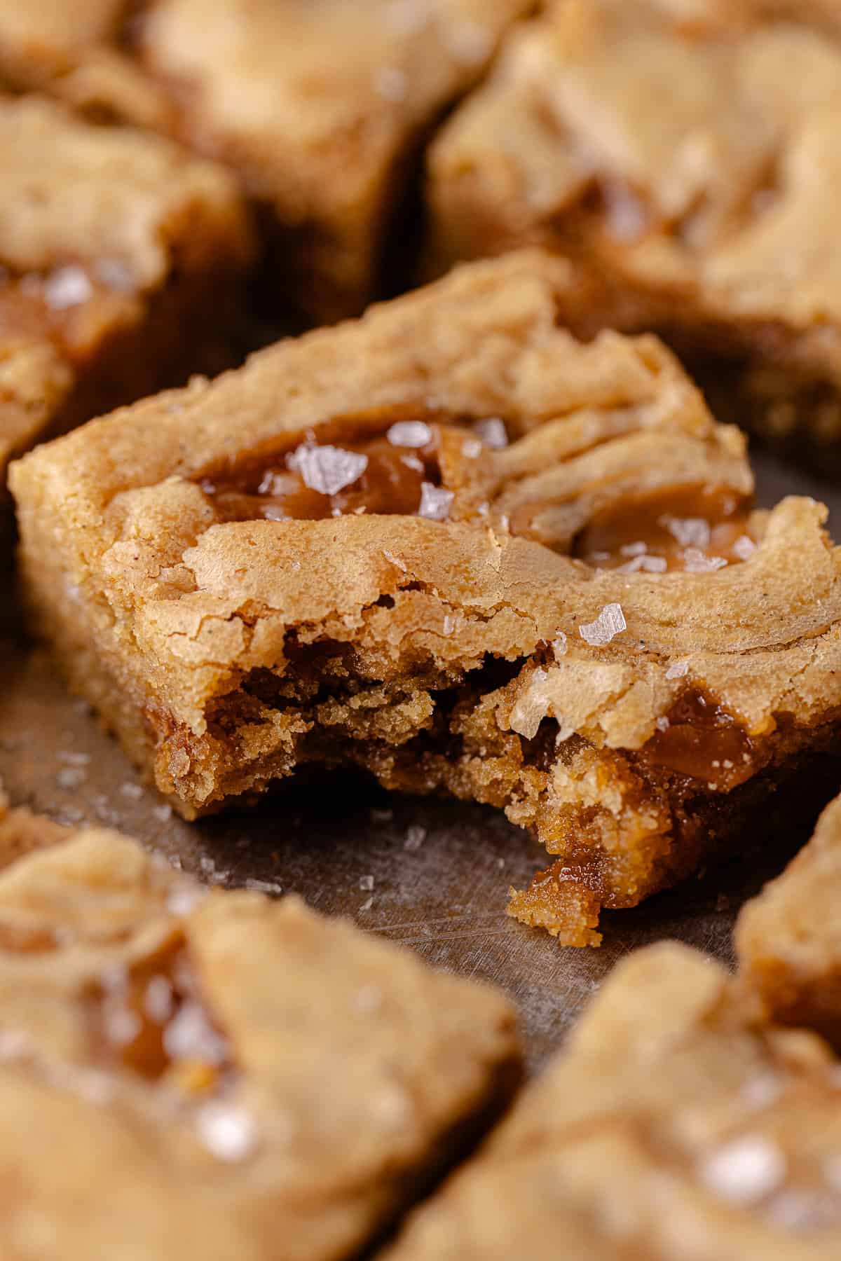 Cookie Butter Blondies squares on a cookie sheet.