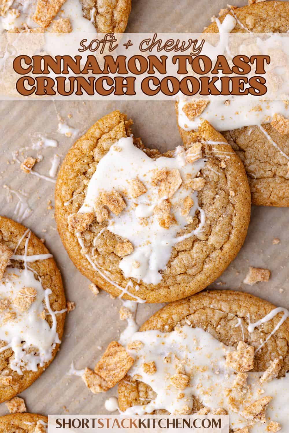 Cinnamon toast crunch cookies with melted white chocolate and crushed cinnamon toast crunch cereal pinterest poster.