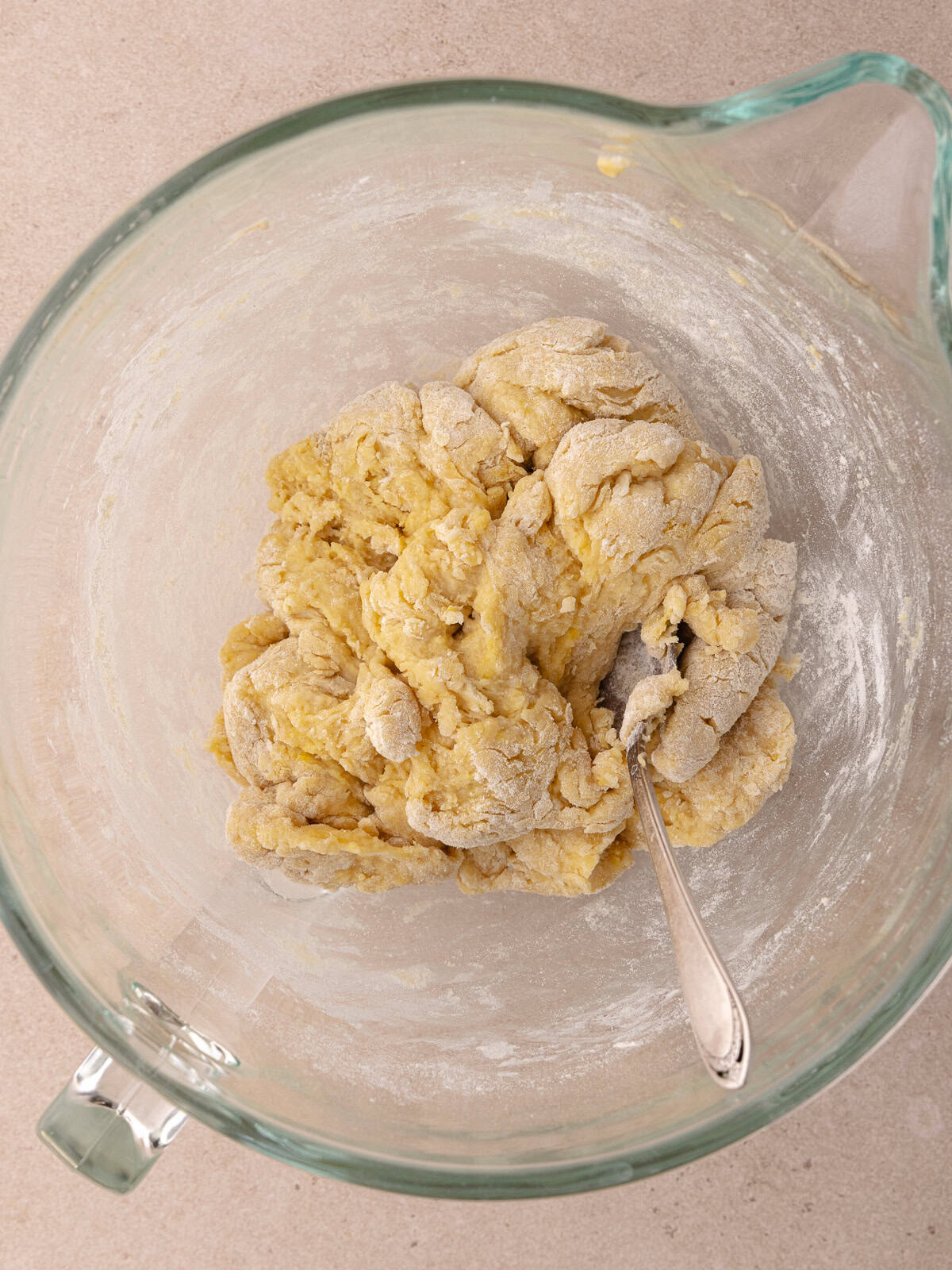 A shaggy dough sits in a large mixing bowl.