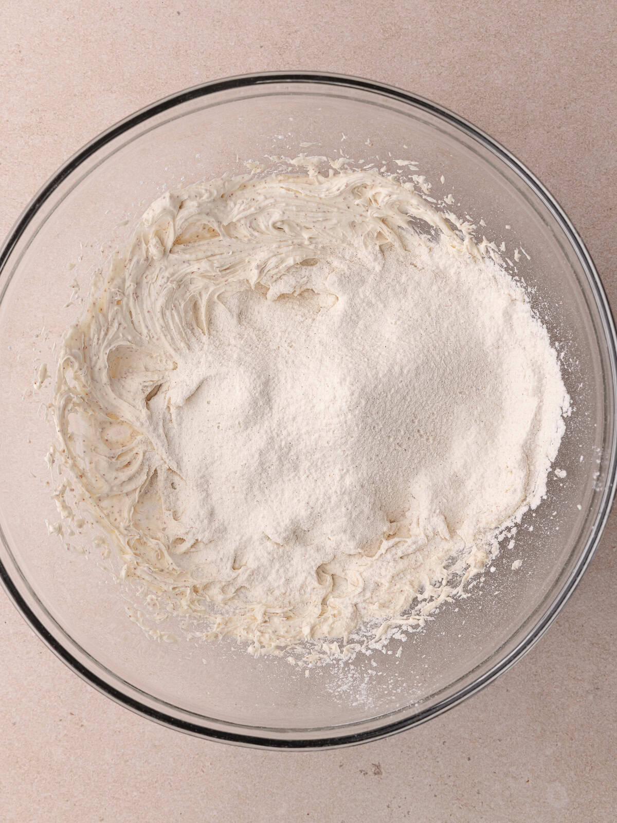 Flour mixture is added to butter/sugar mixture.