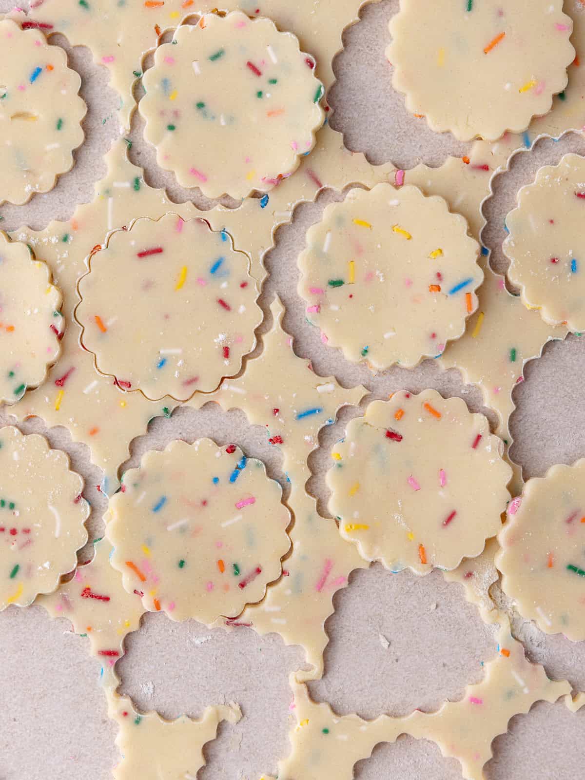 Funfetti shortbread cookies are cut out with a fluted cookie cutter.