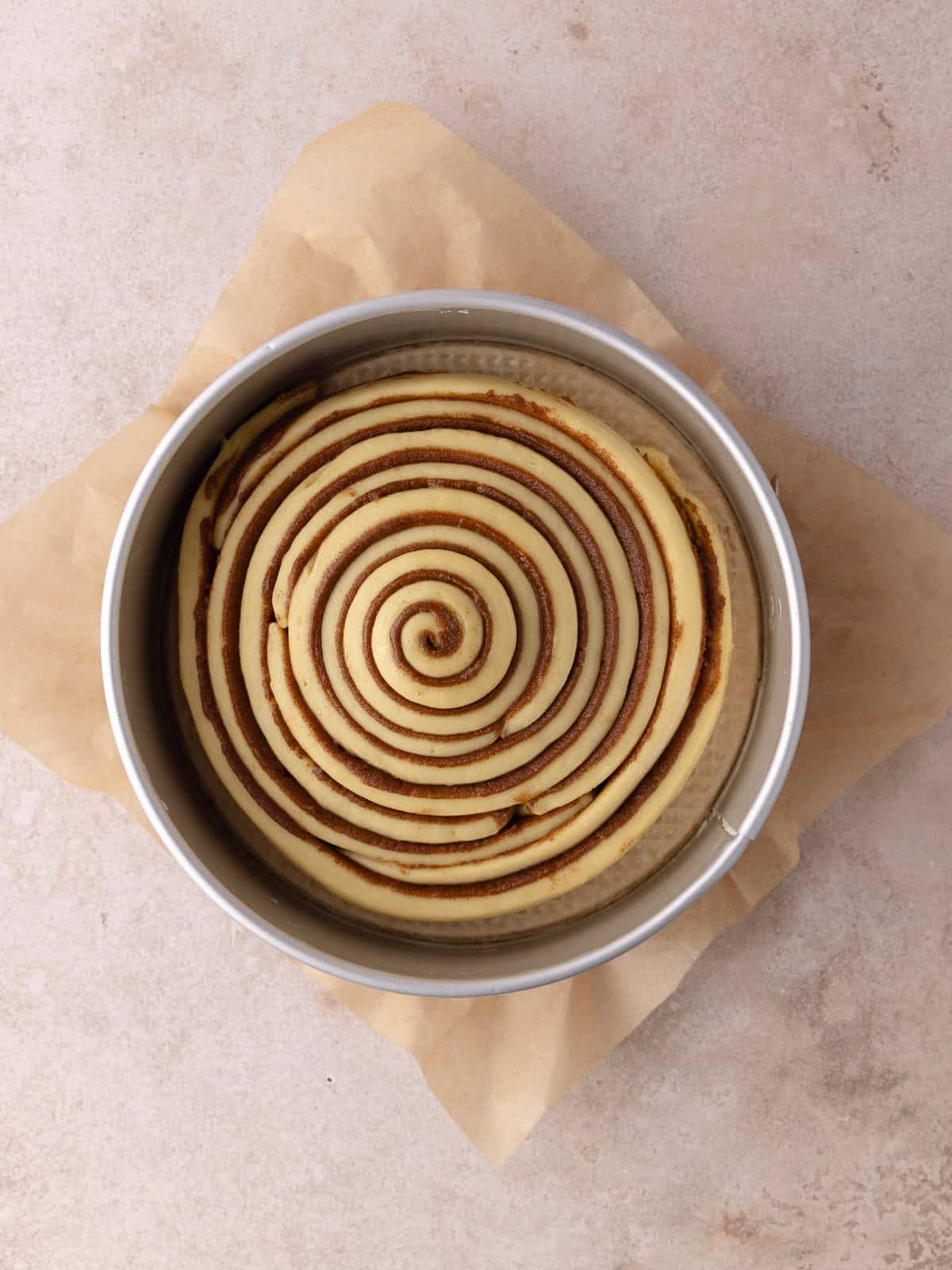 Giant cinnamon roll cake made with tangzhong milk bread brioche dough, sitting in a springform pan and has doubled in size after proofing.