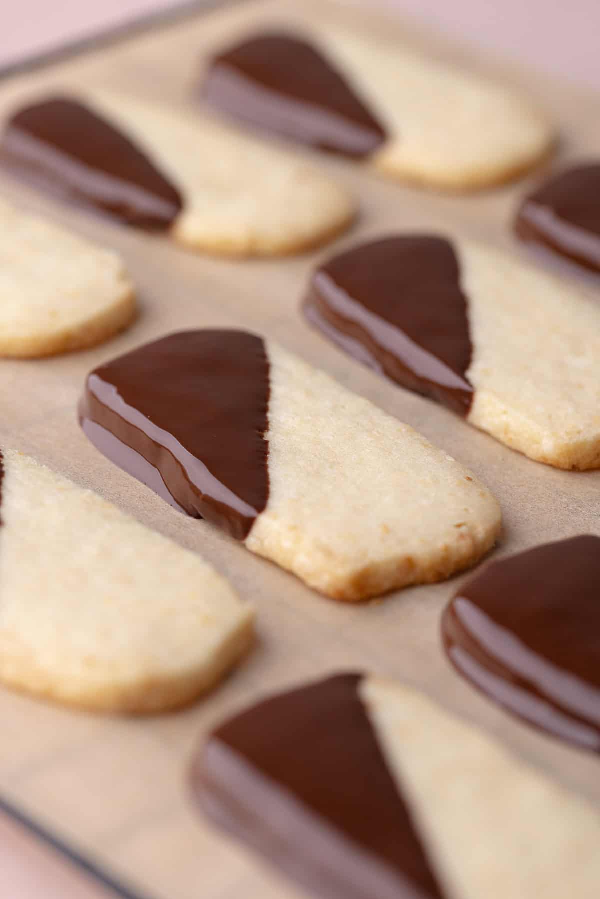 Slice and bake chocolate dipped shortbread cookies sitting on a parchment paper lined cooking rack.