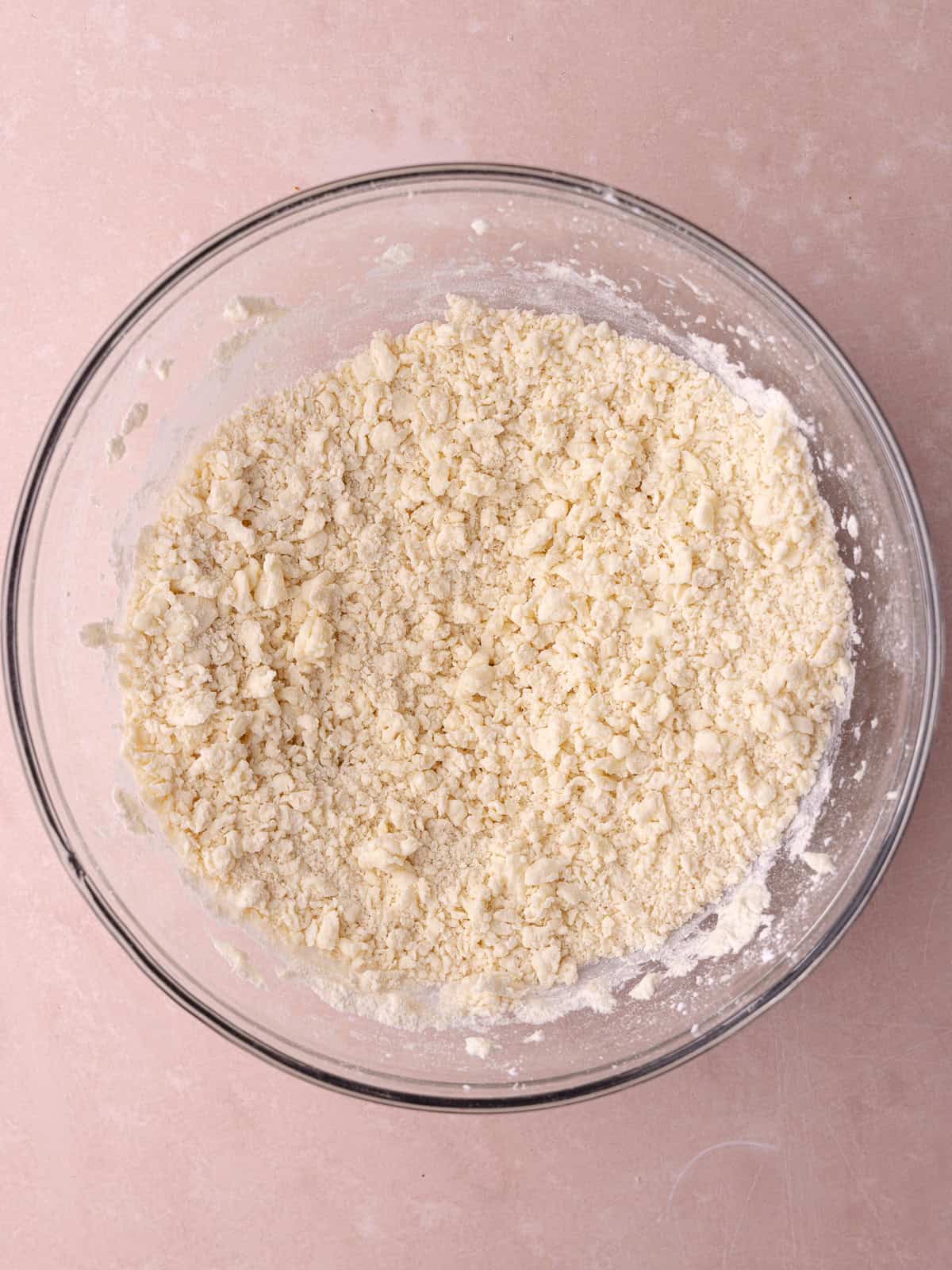 Mixture is crumbly after combining butter mixture with flour.