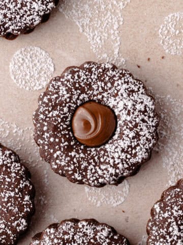 Nutella linzer sandwich cookies are dusted with powdered sugar and filled with Nutella, feature photo.