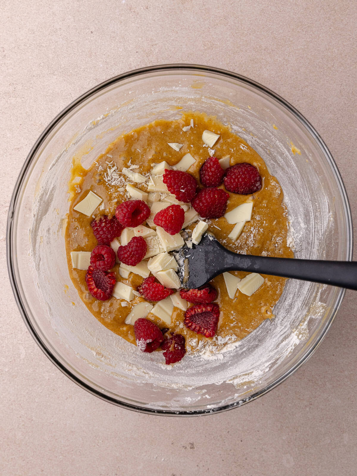 Fresh raspberries and chopped white chocolate are added to the blondie batter.