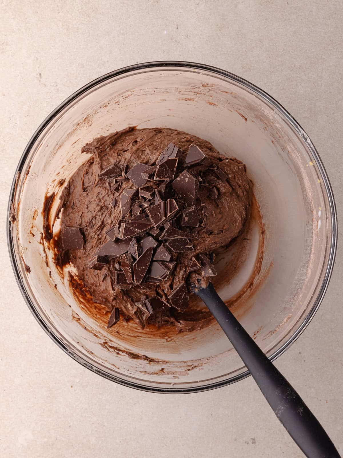 Chopped chocolate is added to the chocolate coffee cake batter.